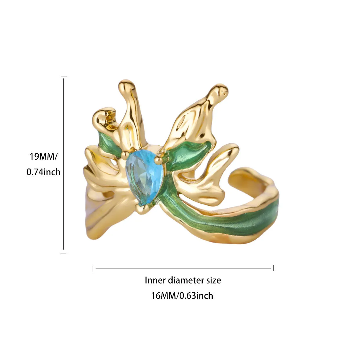 Ice blue oil drop butterfly open ring on copper with adjustable opening for women