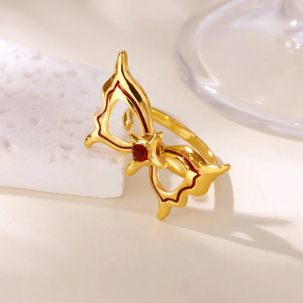 Ice blue oil drop butterfly open ring on copper with adjustable opening for women