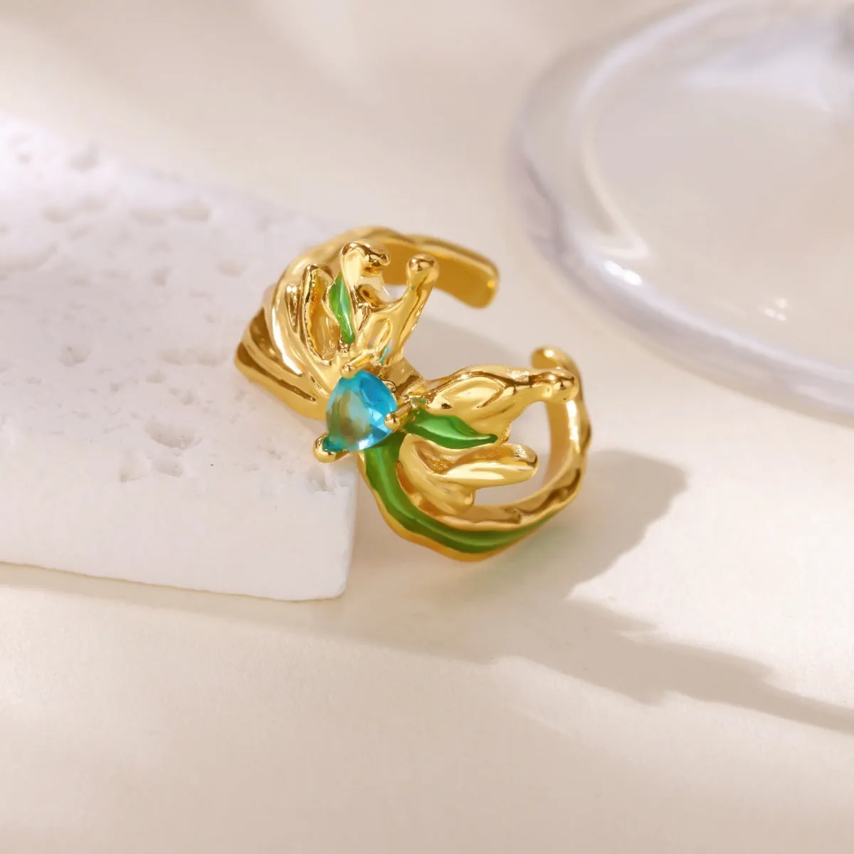 Ice blue oil drop butterfly open ring on copper with adjustable opening for women