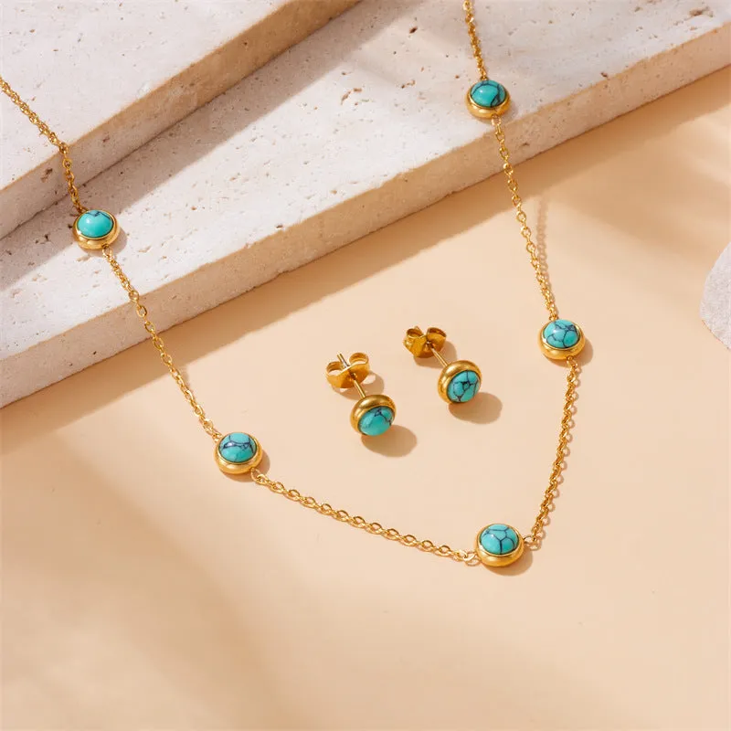 Round turquoise stainless steel earrings and necklace set on display