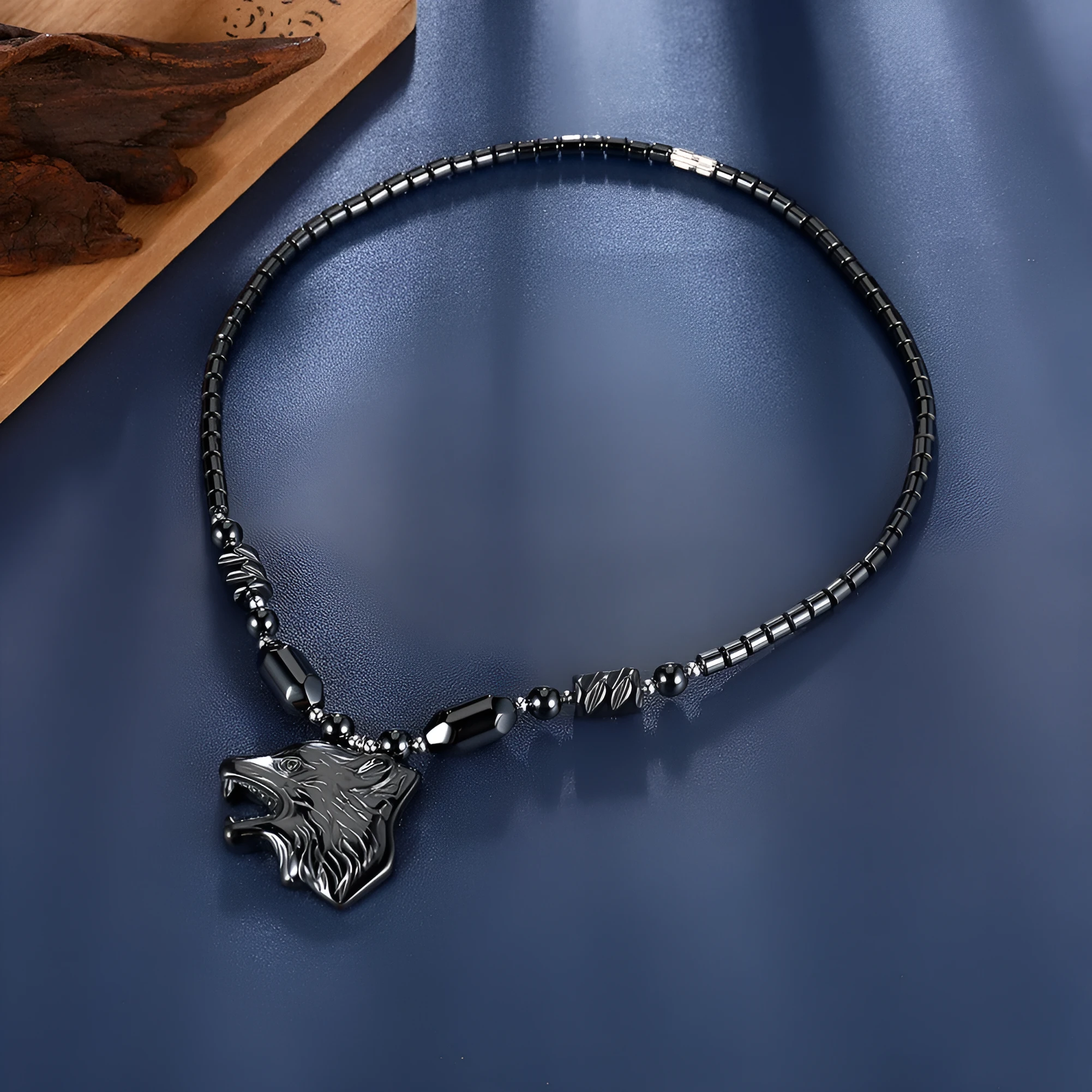 Milk Tea exaggerated wolf head necklace with copper pendant and water wave chain