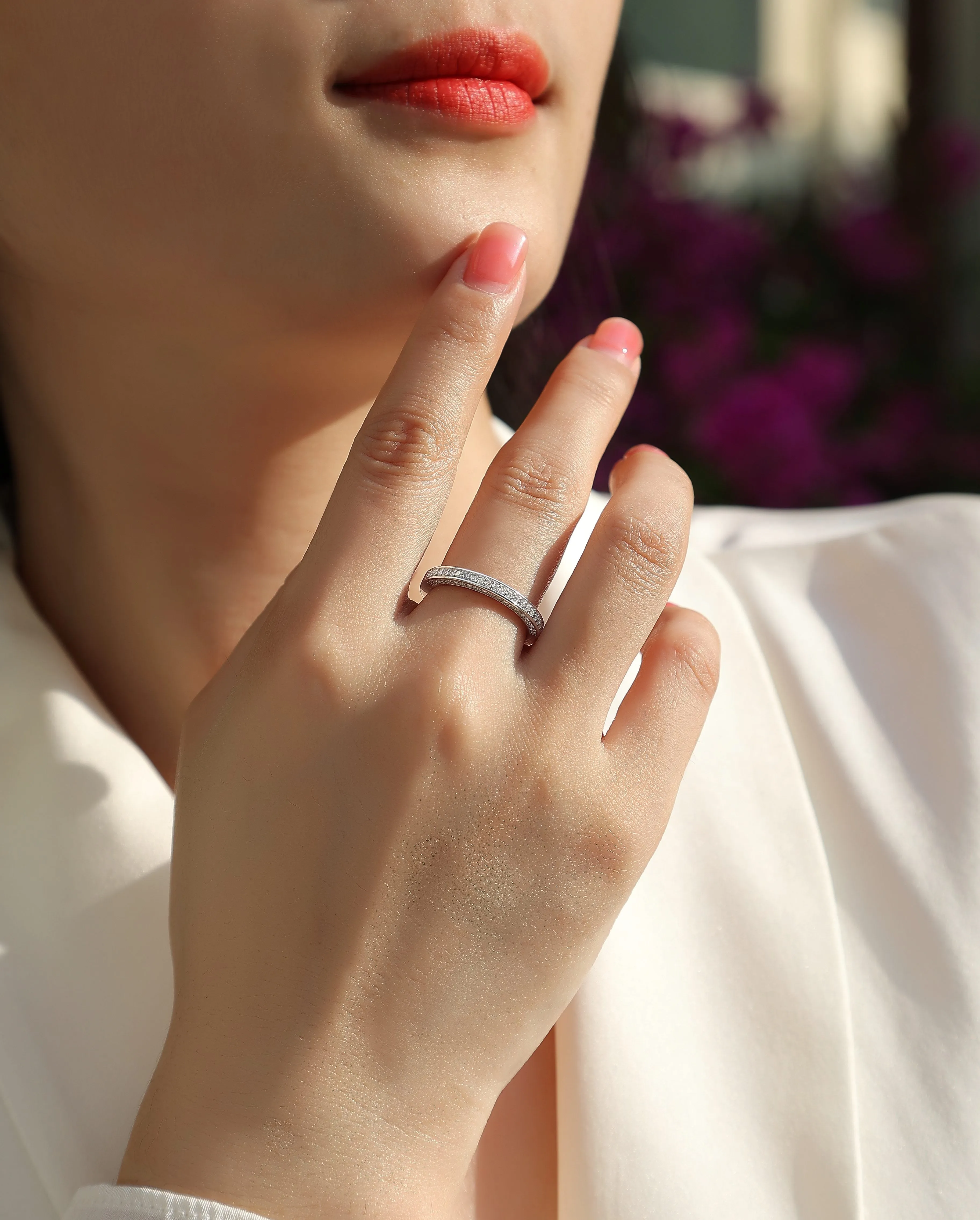 The Plucked Star moissanite wedding ring set in S925 silver with platinum plating, available in multiple colours