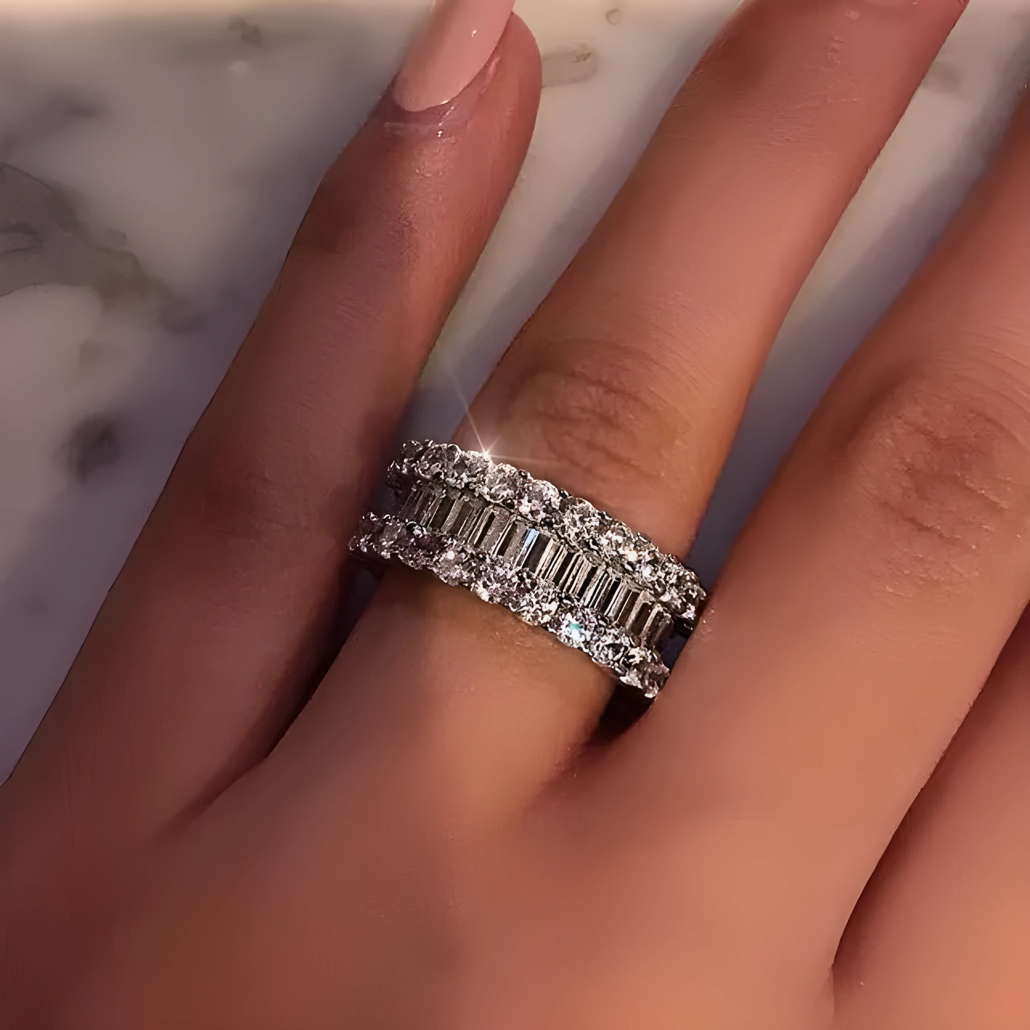 Ladies copper geometric ring with inlaid zircon stones, row drilling detail, light luxury style, size options shown