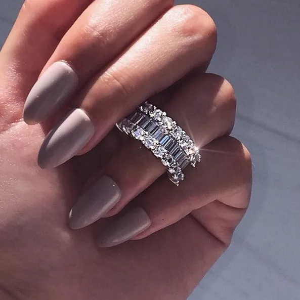 Ladies copper geometric ring with inlaid zircon stones, row drilling detail, light luxury style, size options shown