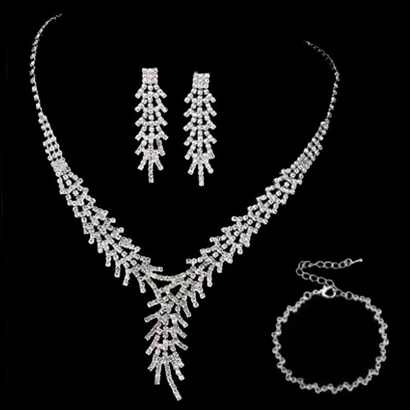 Claw chain rhinestone necklace earring bracelet set with round stones electroplated finish women European American style