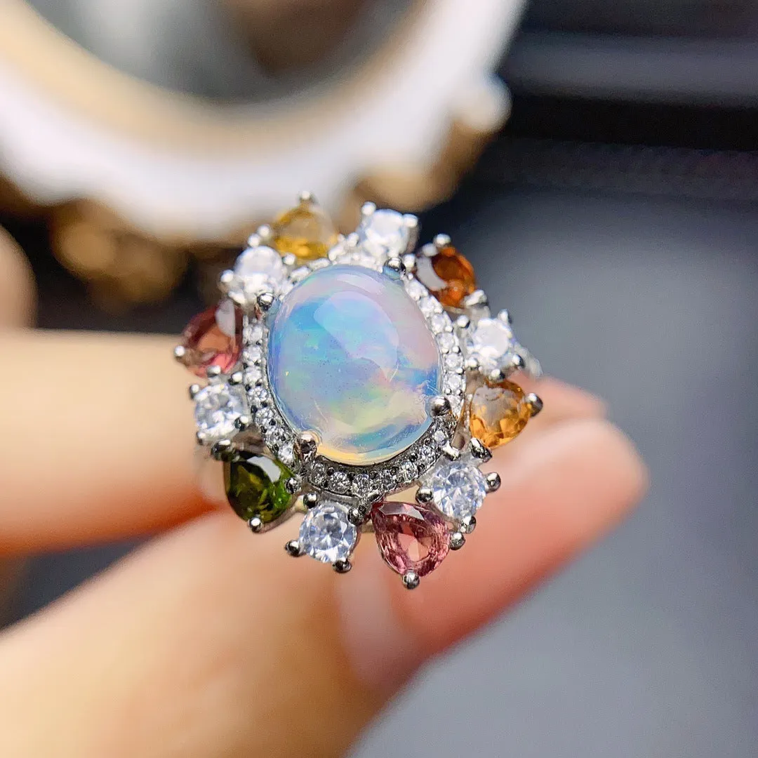 S925 silver ring with opal inlay and adjustable opening, women's fashionable OL design