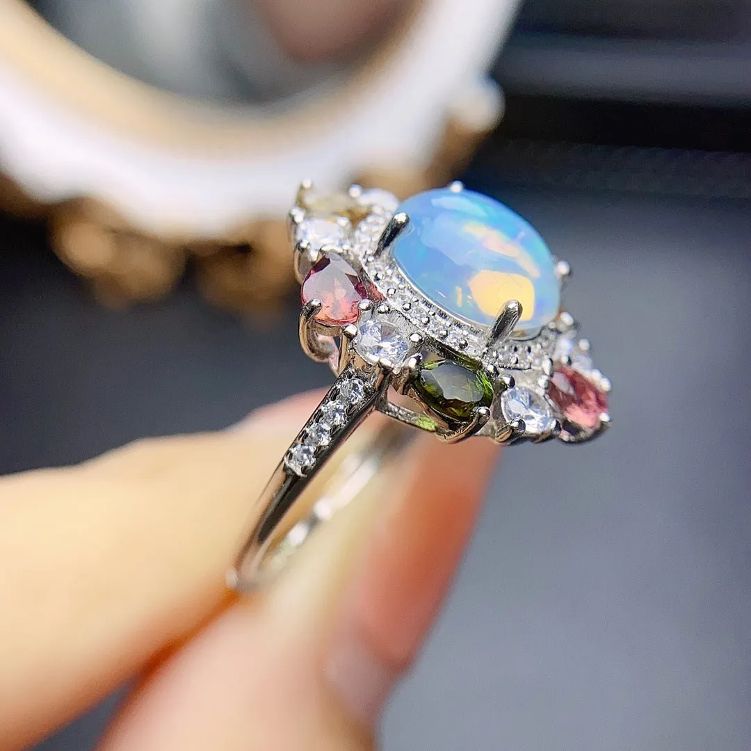 S925 silver ring with opal inlay and adjustable opening, women's fashionable OL design