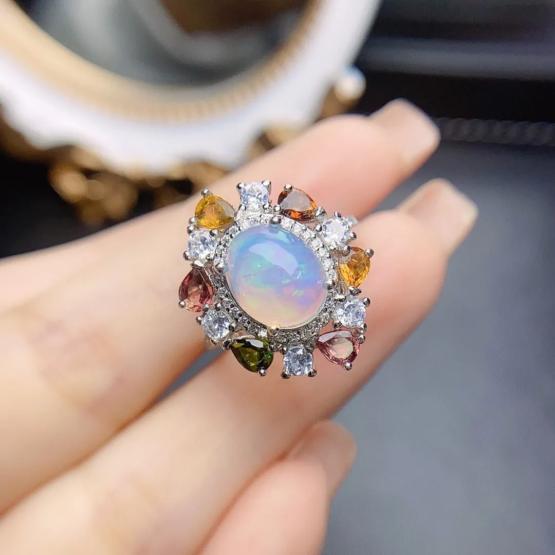 S925 silver ring with opal inlay and adjustable opening, women's fashionable OL design