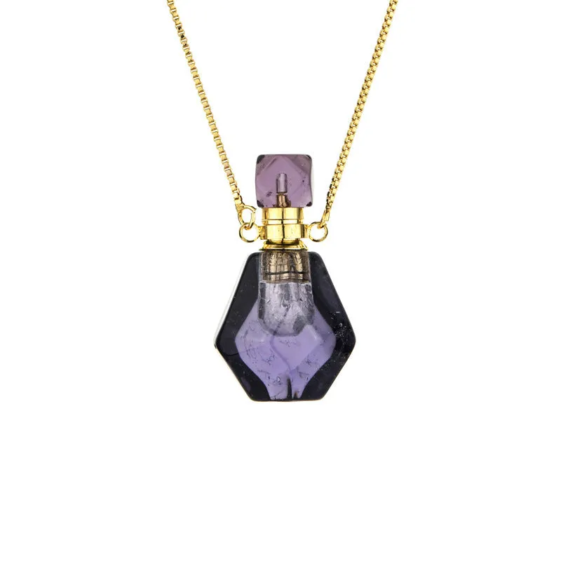 Semi-precious amethyst perfume bottle pendant necklace with alloy chain on neutral background