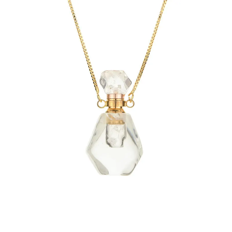 Semi-precious amethyst perfume bottle pendant necklace with alloy chain on neutral background