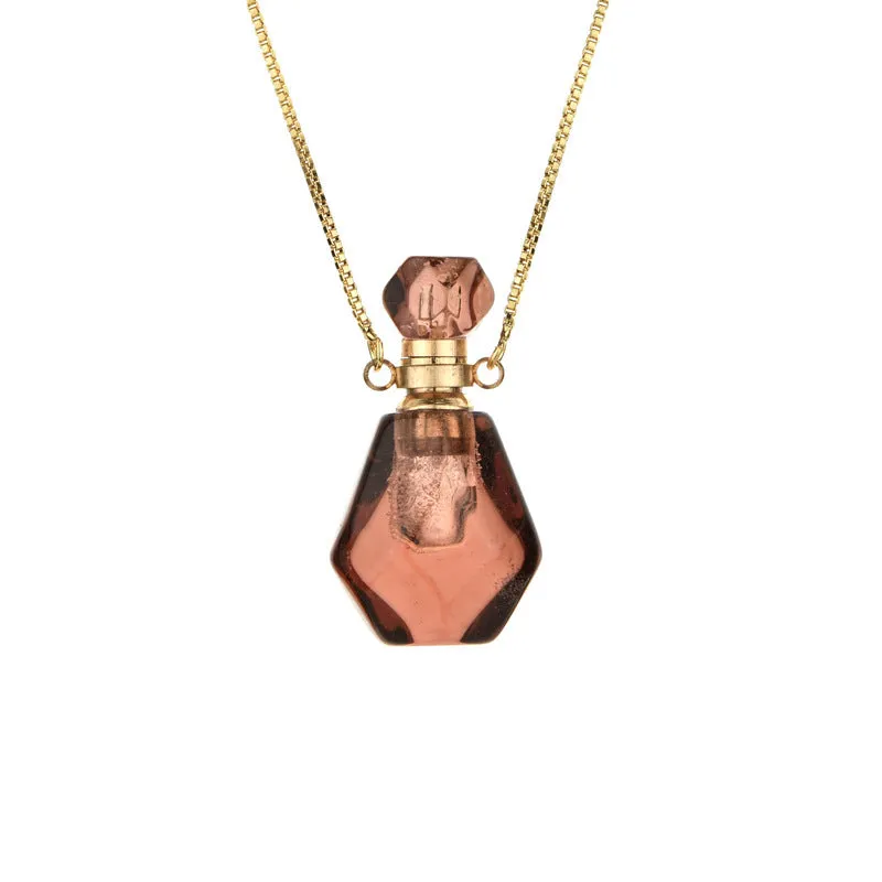 Semi-precious amethyst perfume bottle pendant necklace with alloy chain on neutral background