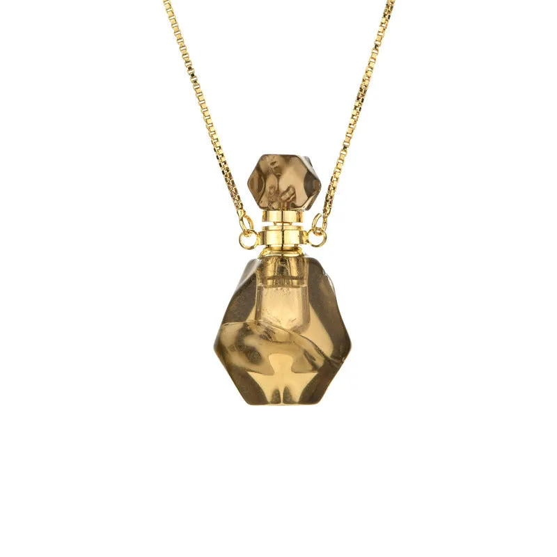 Semi-precious amethyst perfume bottle pendant necklace with alloy chain on neutral background