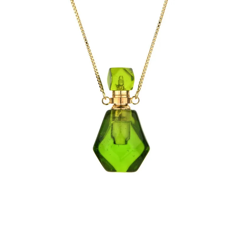 Semi-precious amethyst perfume bottle pendant necklace with alloy chain on neutral background
