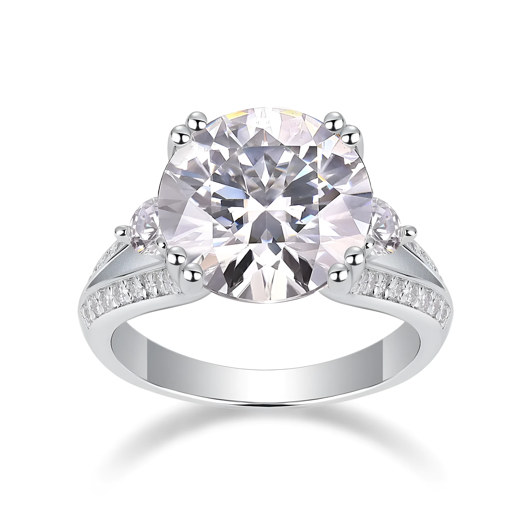 5-carat moissanite wedding ring in S925 silver with gold plating on white background