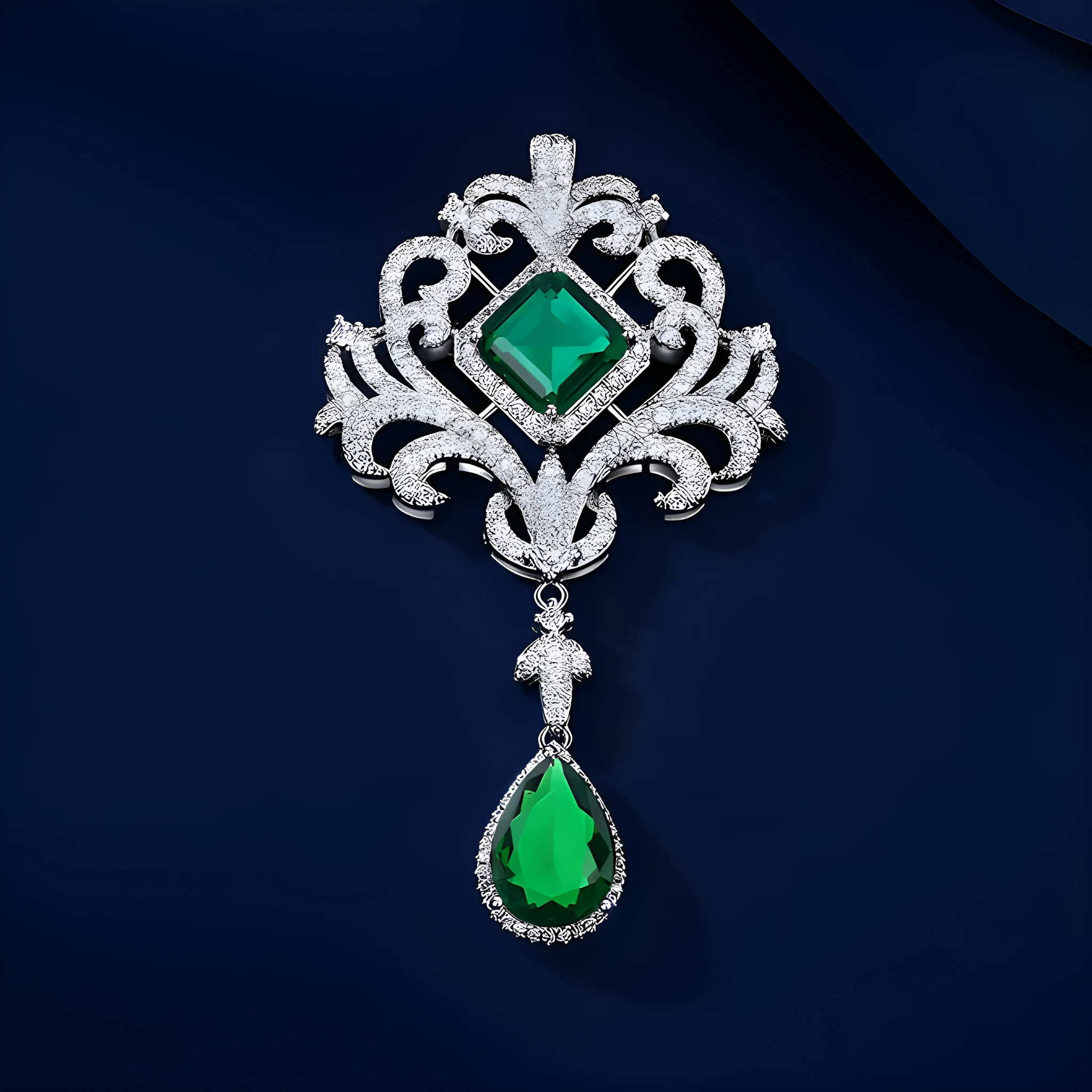 Emerald crystal hollow-out court-style brooch for women, alloy crown shape with tassel, 7x4cm, palace style green