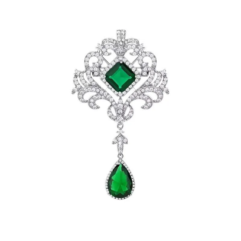 Emerald crystal hollow-out court-style brooch for women, alloy crown shape with tassel, 7x4cm, palace style green