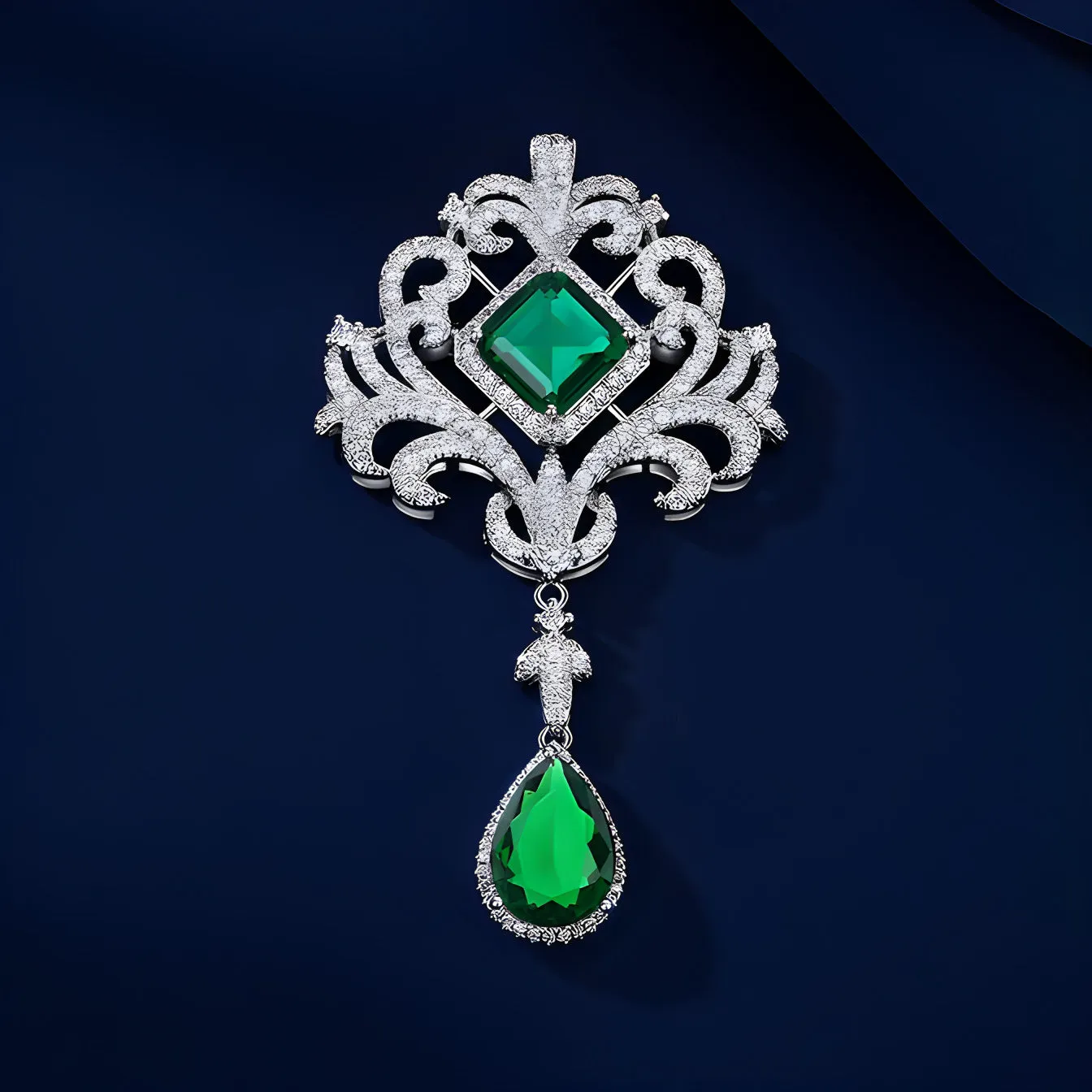 Emerald crystal hollow-out court-style brooch for women, alloy crown shape with tassel, 7x4cm, palace style green