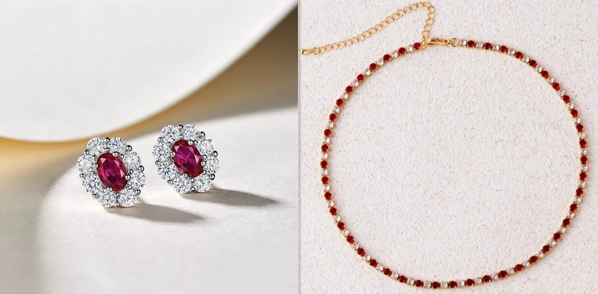 Simulated ruby oval earrings for women with zircon inlay and copper construction