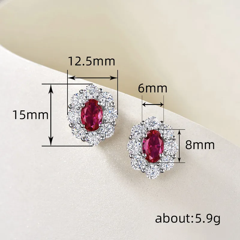 Simulated ruby oval earrings for women with zircon inlay and copper construction