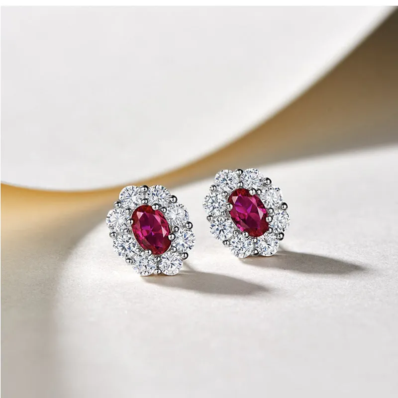 Simulated ruby oval earrings for women with zircon inlay and copper construction