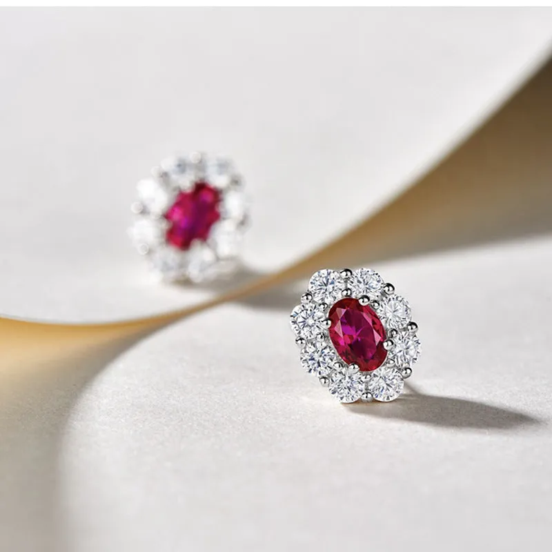 Simulated ruby oval earrings for women with zircon inlay and copper construction
