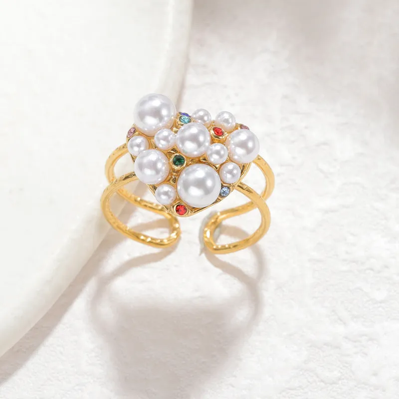 Women's stainless steel ring with zircon and pearl decorative elements in open-mouth design