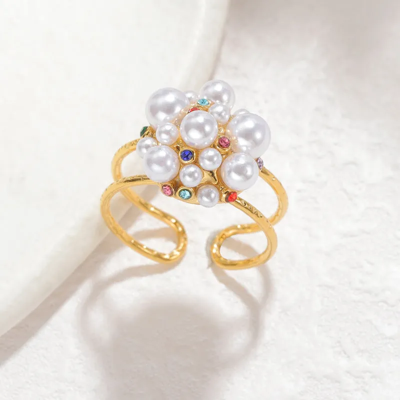 Women's stainless steel ring with zircon and pearl decorative elements in open-mouth design