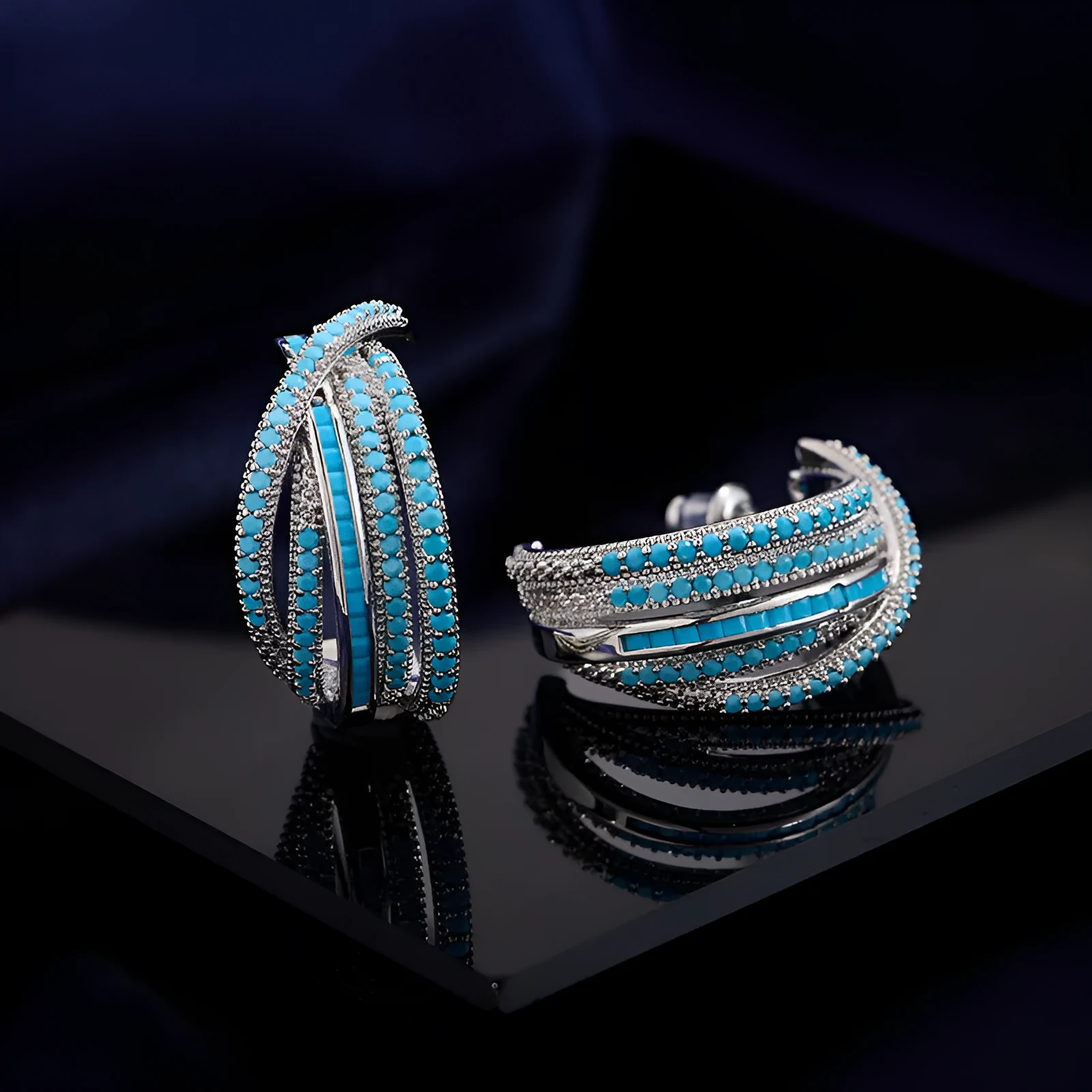 Geometric line cross C-circle earrings with inlaid zircon in three colours white gun black turquoise blue copper