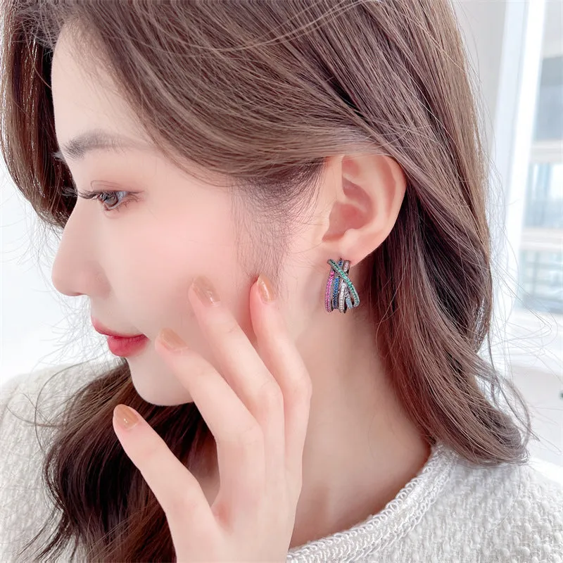 Geometric line cross C-circle earrings with inlaid zircon in three colours white gun black turquoise blue copper