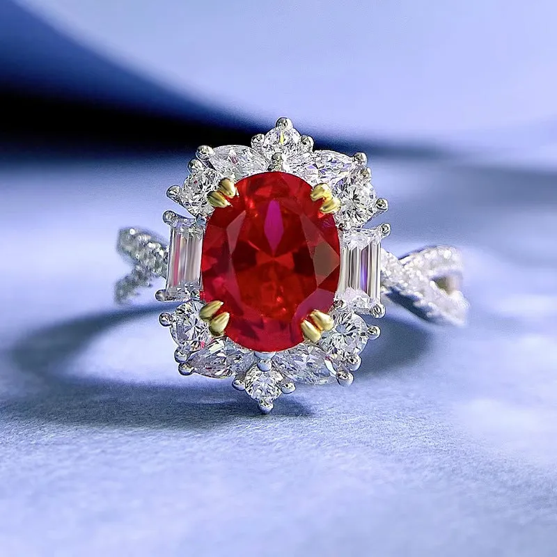 Silver oval pigeon egg surround setting ring for women, red electroplated, camellia detail, sizes No 5-9