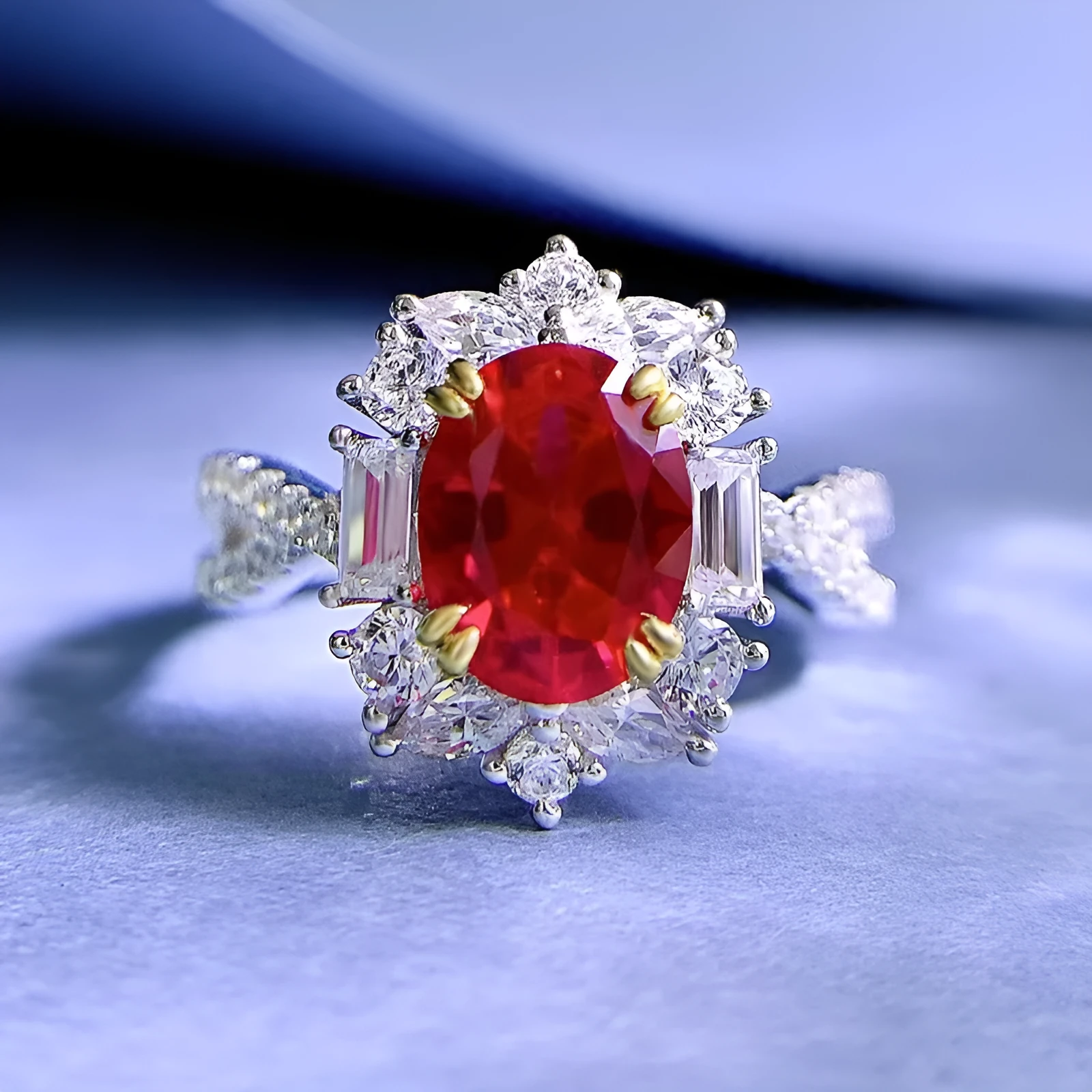 Silver oval pigeon egg surround setting ring for women, red electroplated, camellia detail, sizes No 5-9