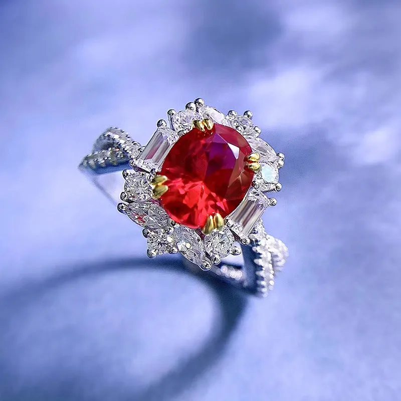Silver oval pigeon egg surround setting ring for women, red electroplated, camellia detail, sizes No 5-9