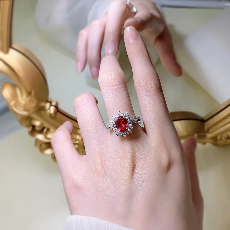 Silver oval pigeon egg surround setting ring for women, red electroplated, camellia detail, sizes No 5-9