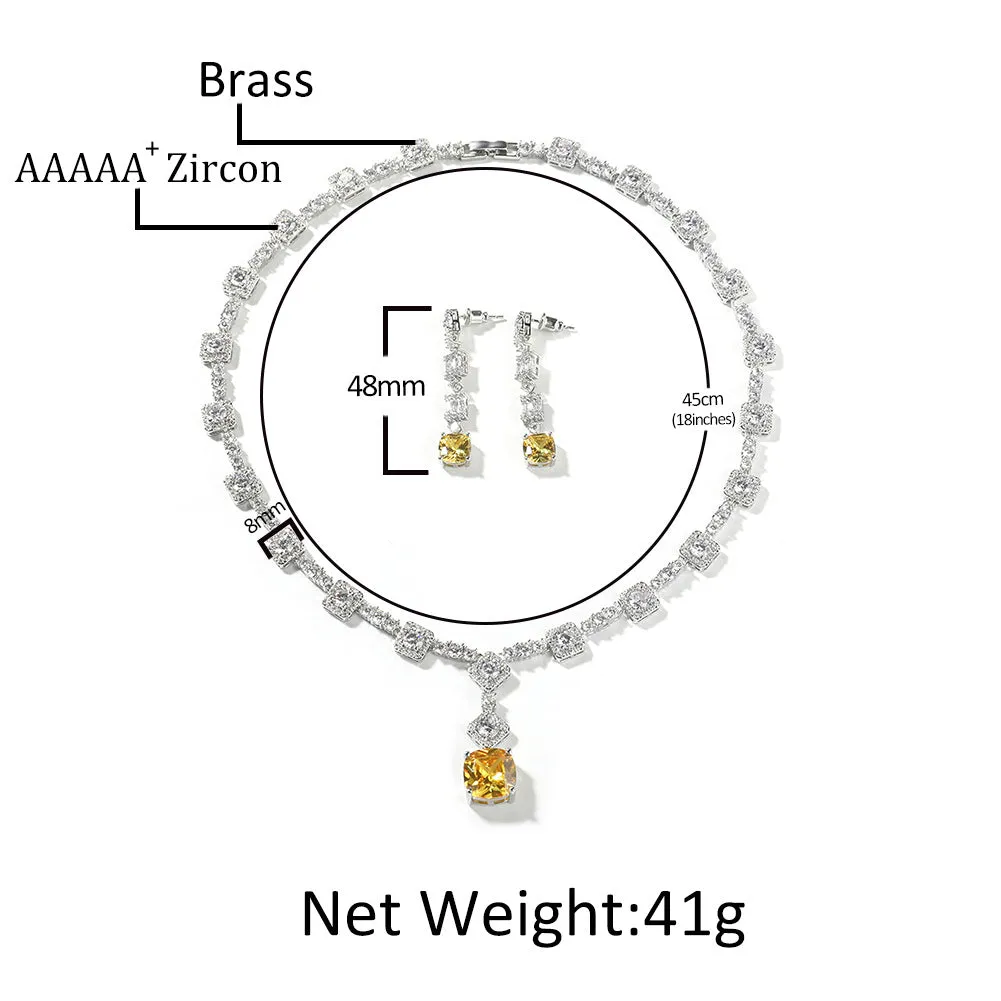 Copper inlaid zircon citrine necklace earring set with 18-inch claw chain on white background