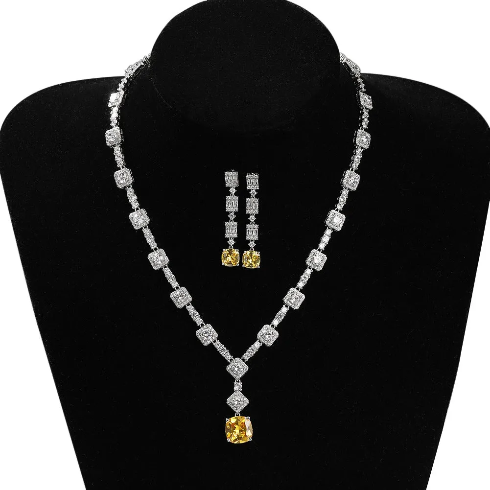 Copper inlaid zircon citrine necklace earring set with 18-inch claw chain on white background