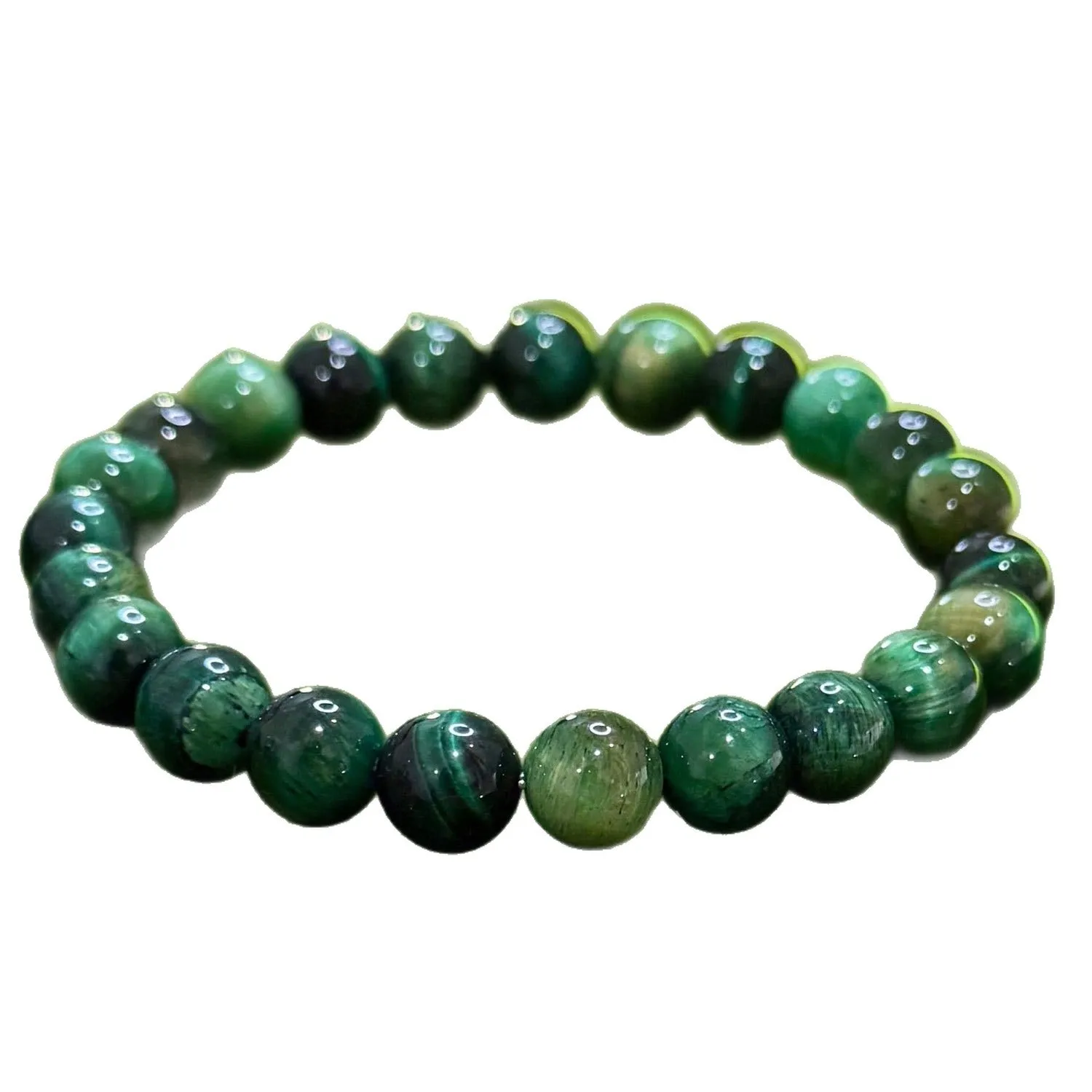 Handmade green opal glass beaded bracelet on a white background