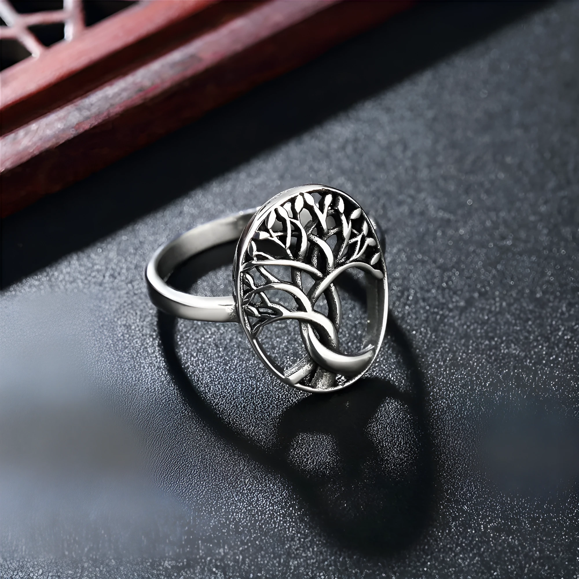Retro Tree of Life design on a men's titanium steel ring shown in picture colour