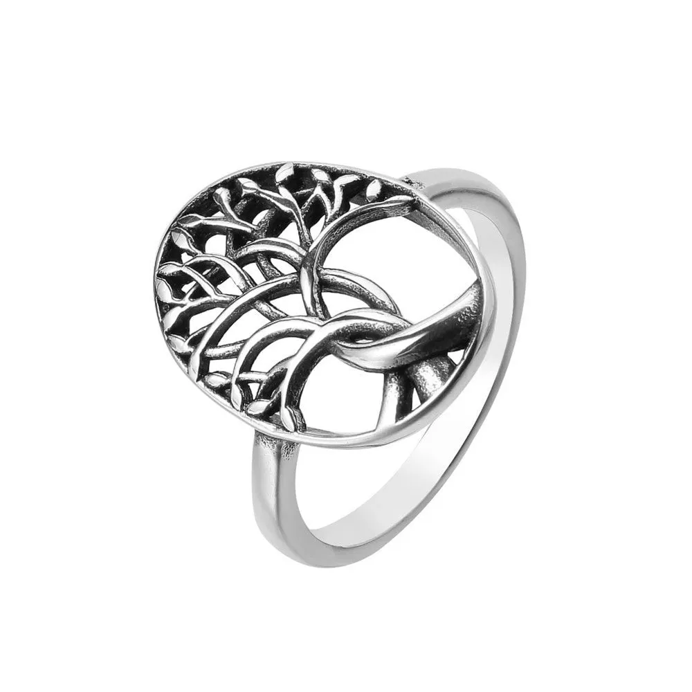 Retro Tree of Life design on a men's titanium steel ring shown in picture colour