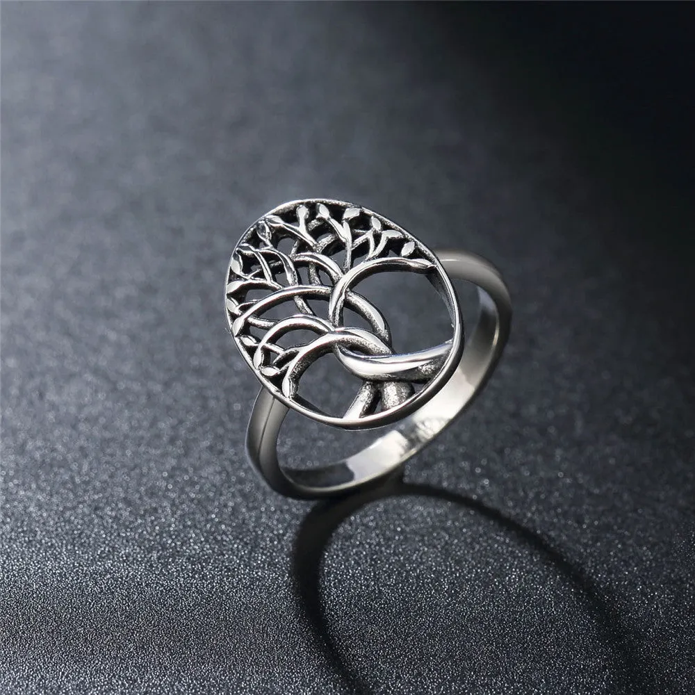 Retro Tree of Life design on a men's titanium steel ring shown in picture colour