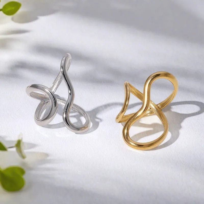 Minimalist irregular line open ring for women, zinc alloy, gold and silver electroplated finish, log-edge geometric style