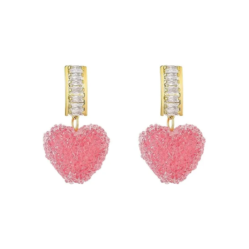 Peach heart-shaped stud earrings with candy gemstone accents in pink and blue colour variations