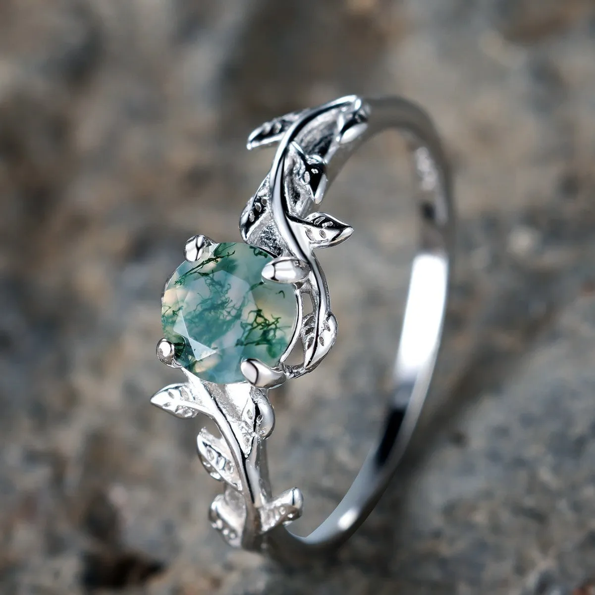 Women's copper ring with moss agate and aquamarine stones in a flower shape, electroplated finish, size option shown