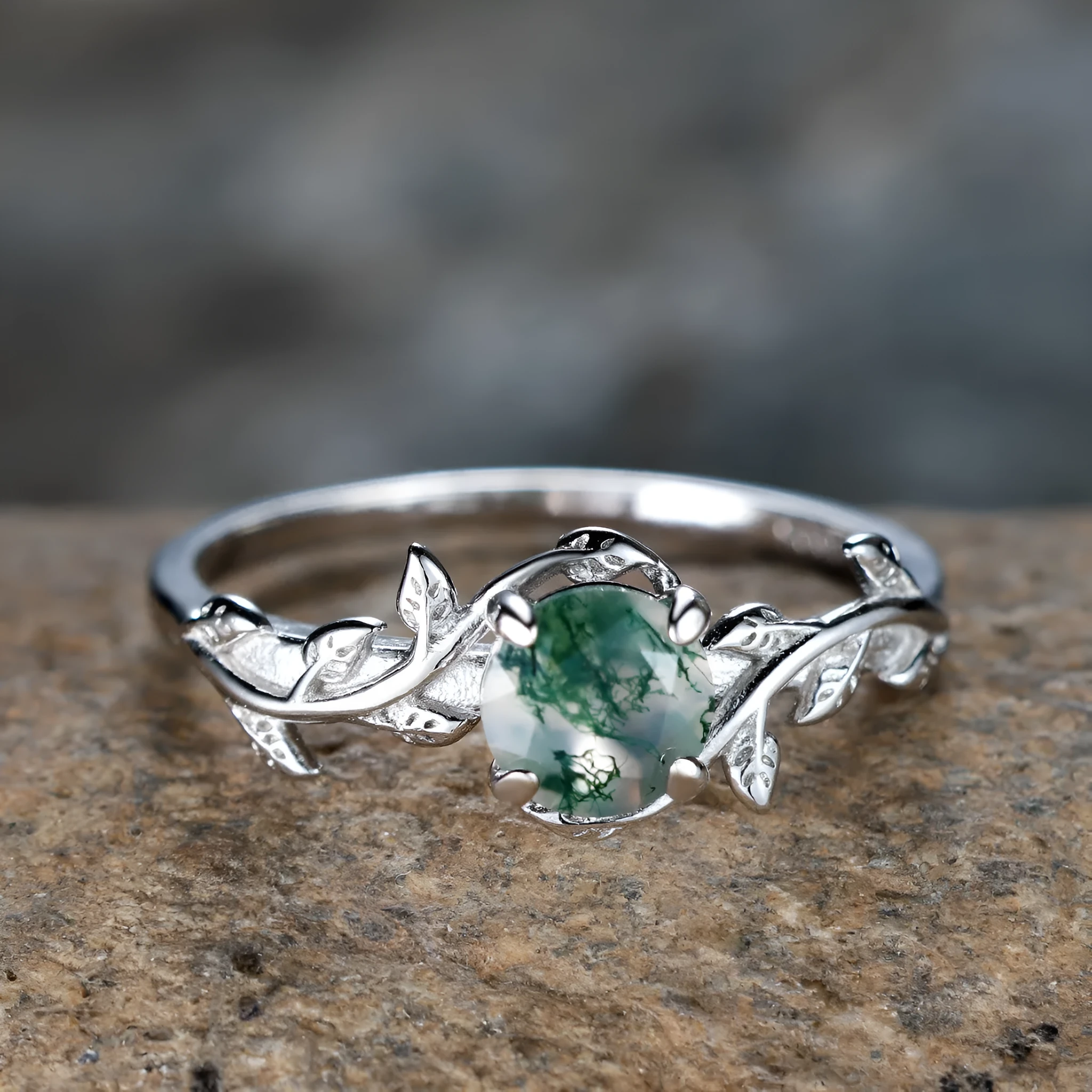 Women's copper ring with moss agate and aquamarine stones in a flower shape, electroplated finish, size option shown