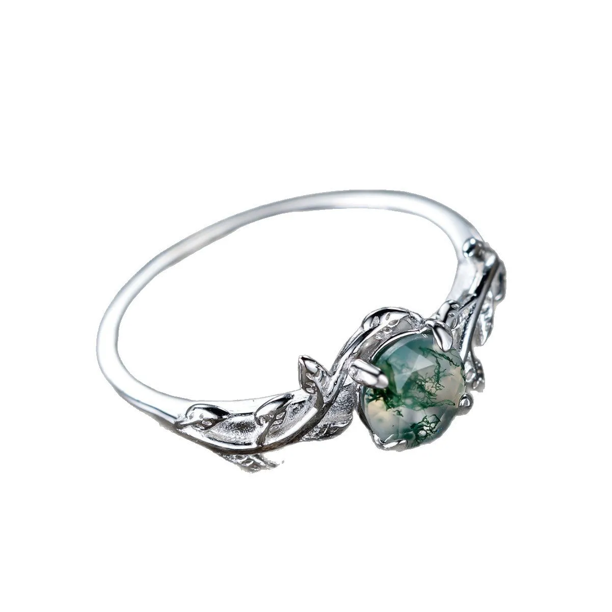 Women's copper ring with moss agate and aquamarine stones in a flower shape, electroplated finish, size option shown