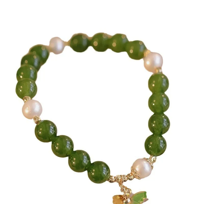 Natural green chalcedony bracelet with geometric design and round elements for women
