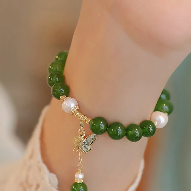 Natural green chalcedony bracelet with geometric design and round elements for women
