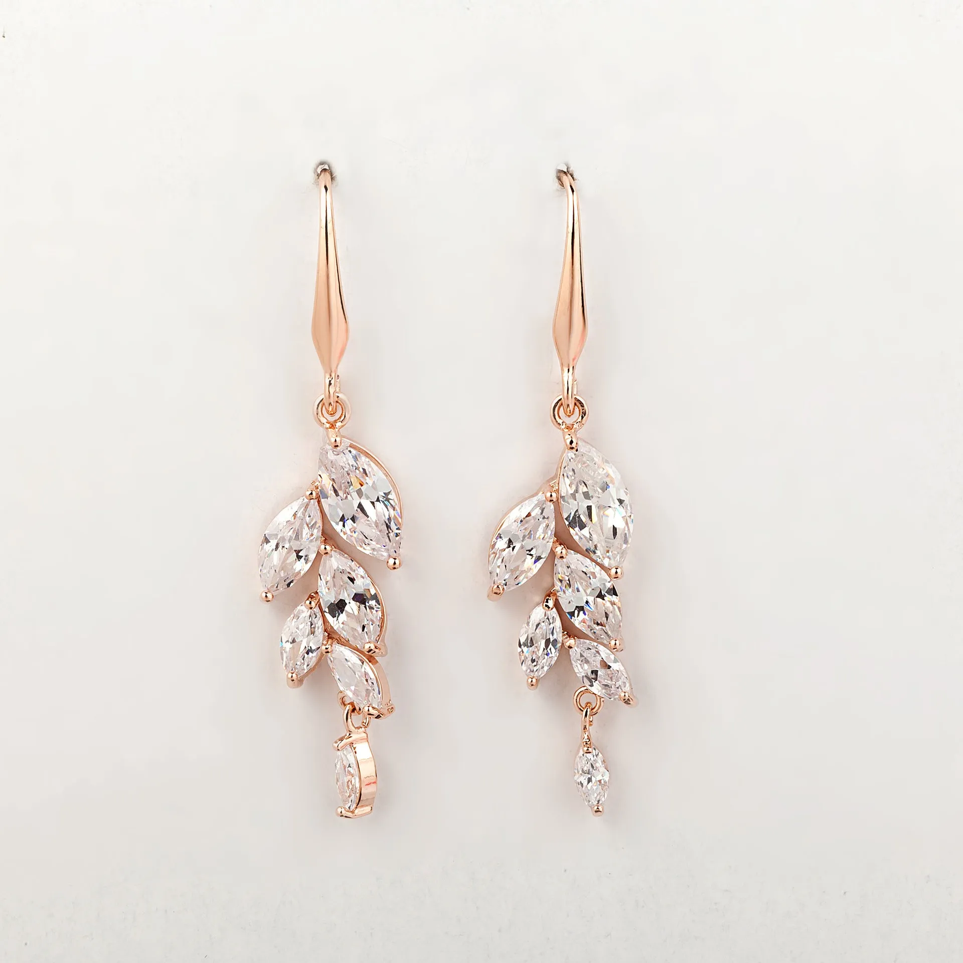 Leaf-shaped zircon earrings for women in rose gold white finish on copper alloy