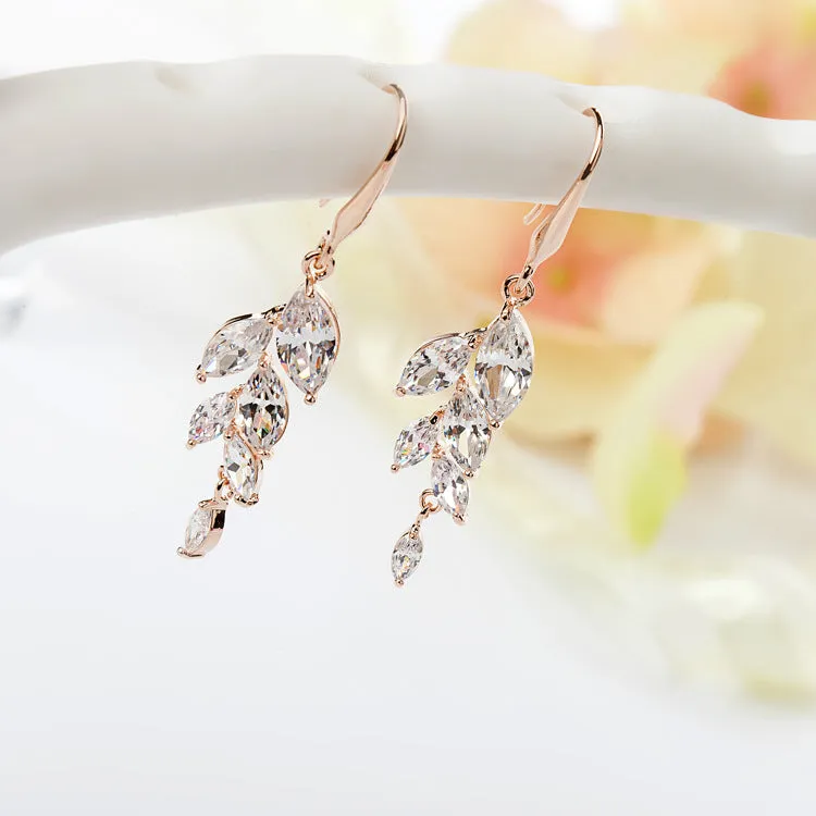 Leaf-shaped zircon earrings for women in rose gold white finish on copper alloy