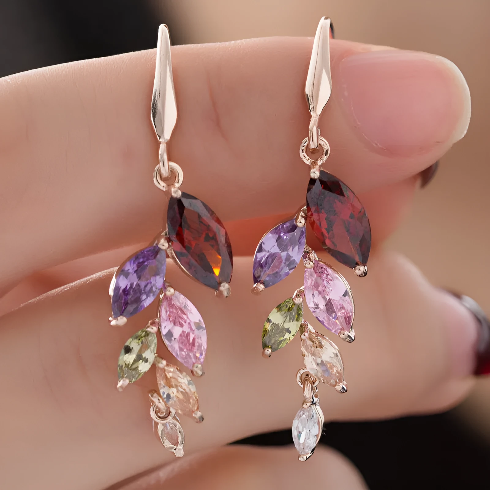 Leaf-shaped zircon earrings for women in rose gold white finish on copper alloy