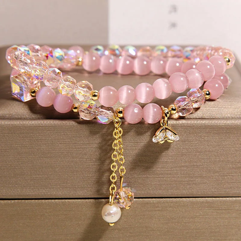 New Chinese style gold-plated double ring bracelet with pink cat eye crystal and zircon small flower detail